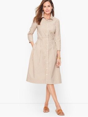 Talbots 6 Gingham Beige White Button Shirt Dress Preppy Traditional Cotton